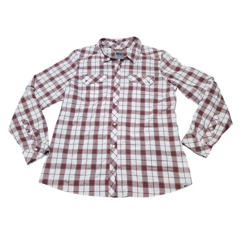 REI Co-op Womens Large Burgundy White Plaid Snap Front Hiking Shirt 772